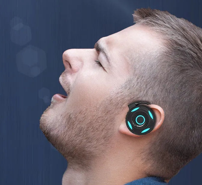 Black and white Bluetooth gaming earphones with over-ear hanging design and 10m wireless range