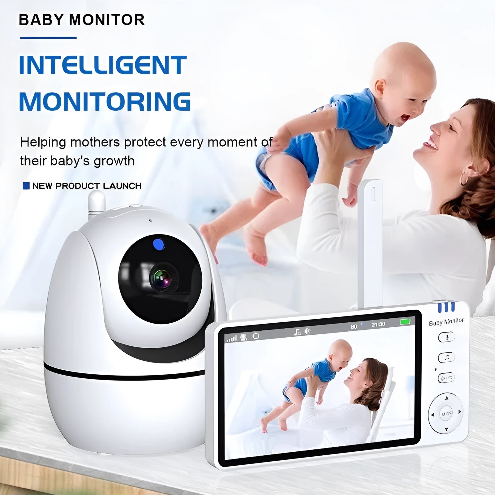 White 5-inch HD wireless baby monitor and camera on a nursery shelf