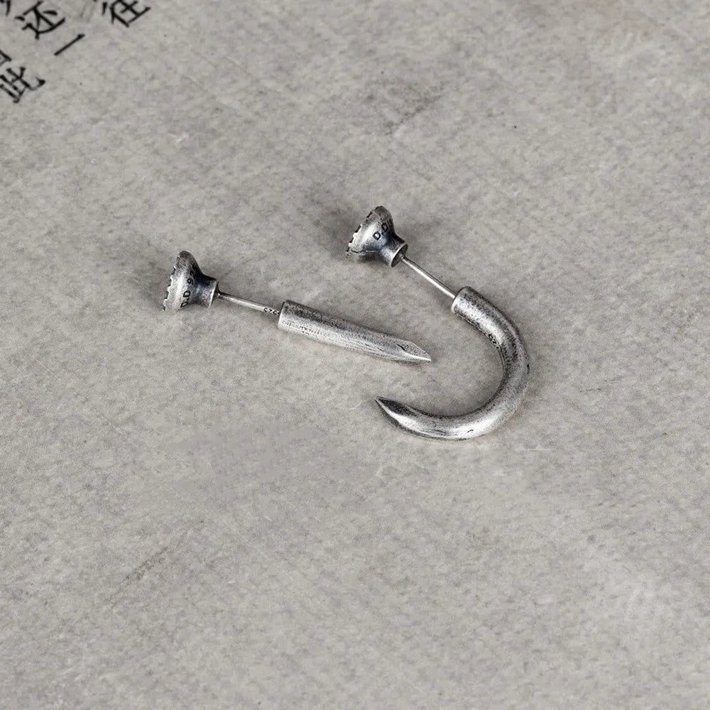 S925 sterling silver nail stud earring on ear hook, straight and curved style shown.