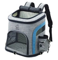 Breathable pet backpack in gray, showing mesh ventilation panels and zippered entry, for cats and dogs up to 20 kg