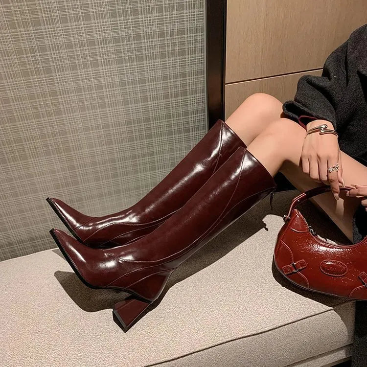 Women's retro Maillard tube high heel riding boots in black cowhide with waterproof platform sole