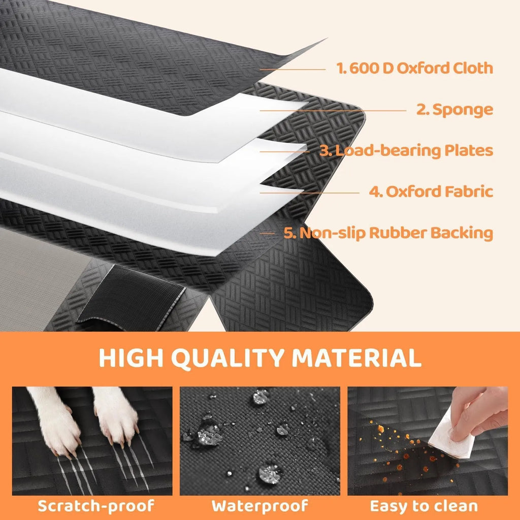 Black cloth car pet mat placed on rear seat for dog travel protection