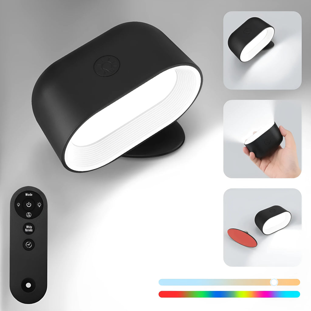 White plastic remote touch magnetic wall lamp with oval light panel on rotating magnetic base
