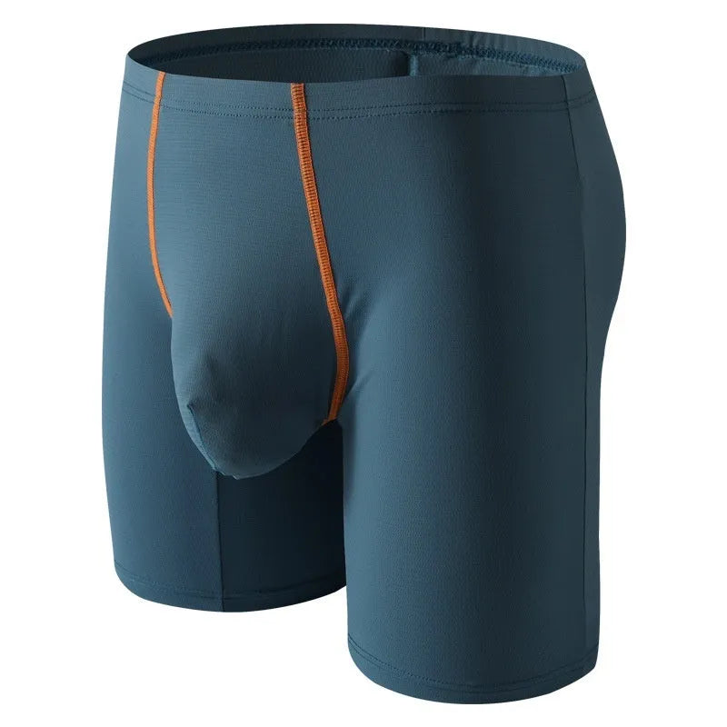 Men's mid-waist boxer shorts in quick-drying nylon fabric showing U-convex design