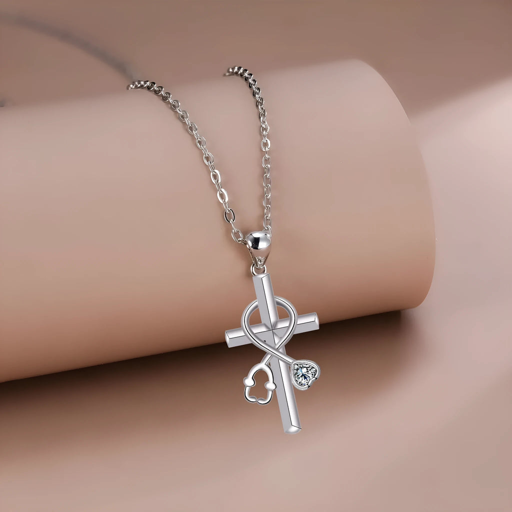 Women's cross stethoscope necklace with electroplated copper pendant and matching chain