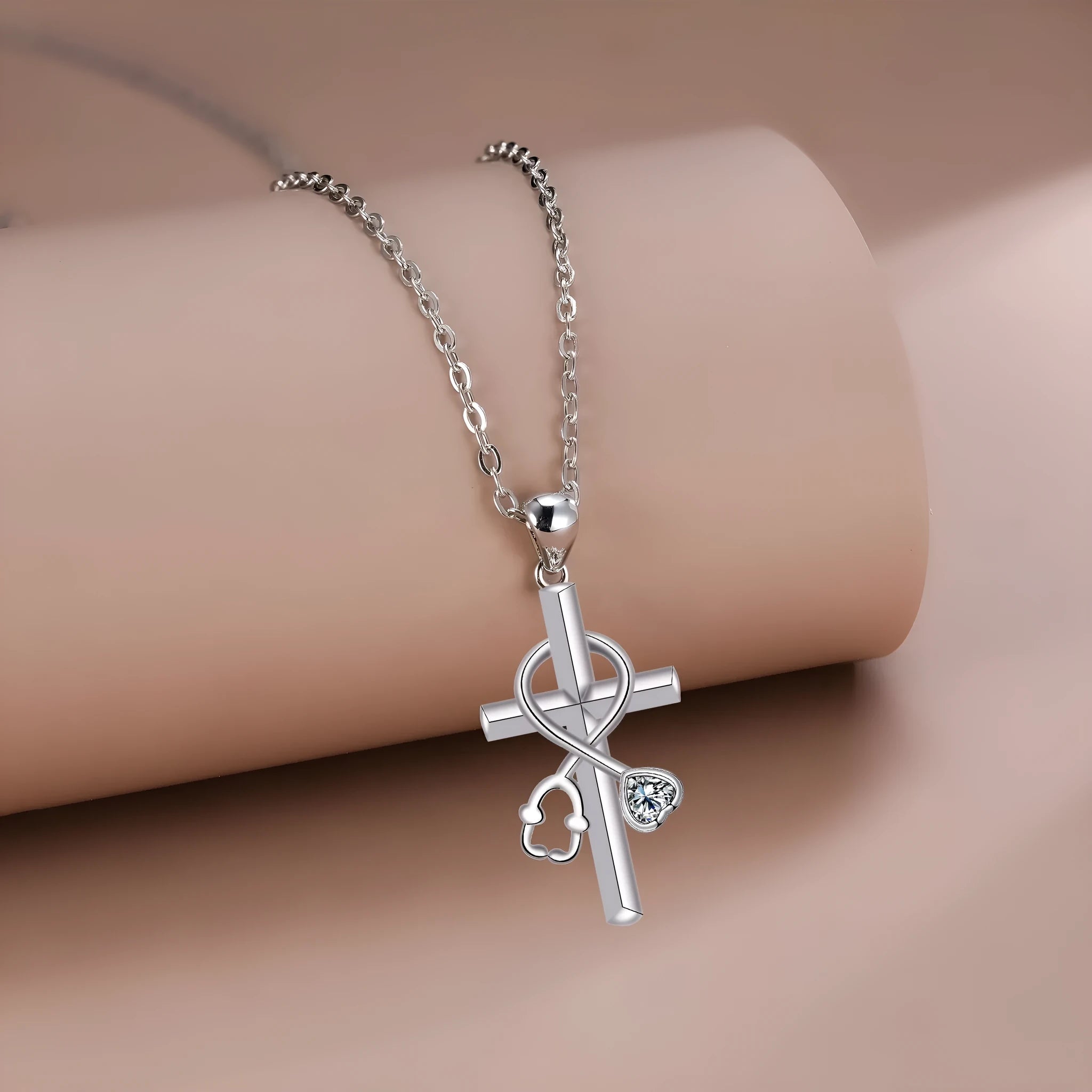 Women's cross stethoscope necklace with electroplated copper pendant and matching chain