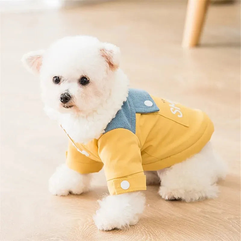 Yellow denim patchwork puppy coat with Sherpa fleece lining, waterproof and windproof, for small and medium dogs