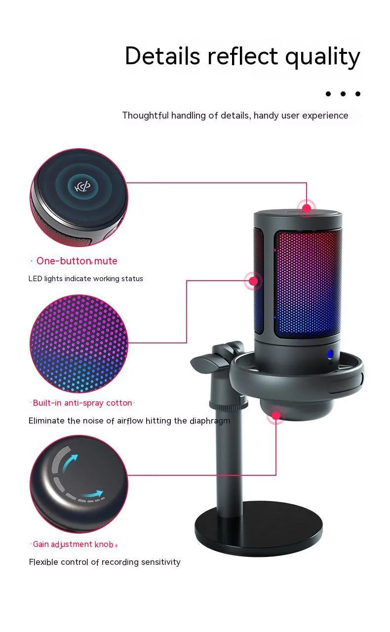 USB condenser microphone with RGB lighting in black, white, or pink for live streaming