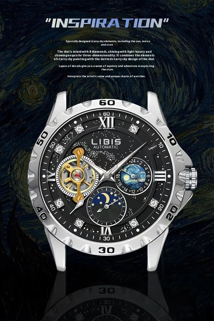 Men's silver case automatic mechanical watch with black starry dial on genuine leather strap