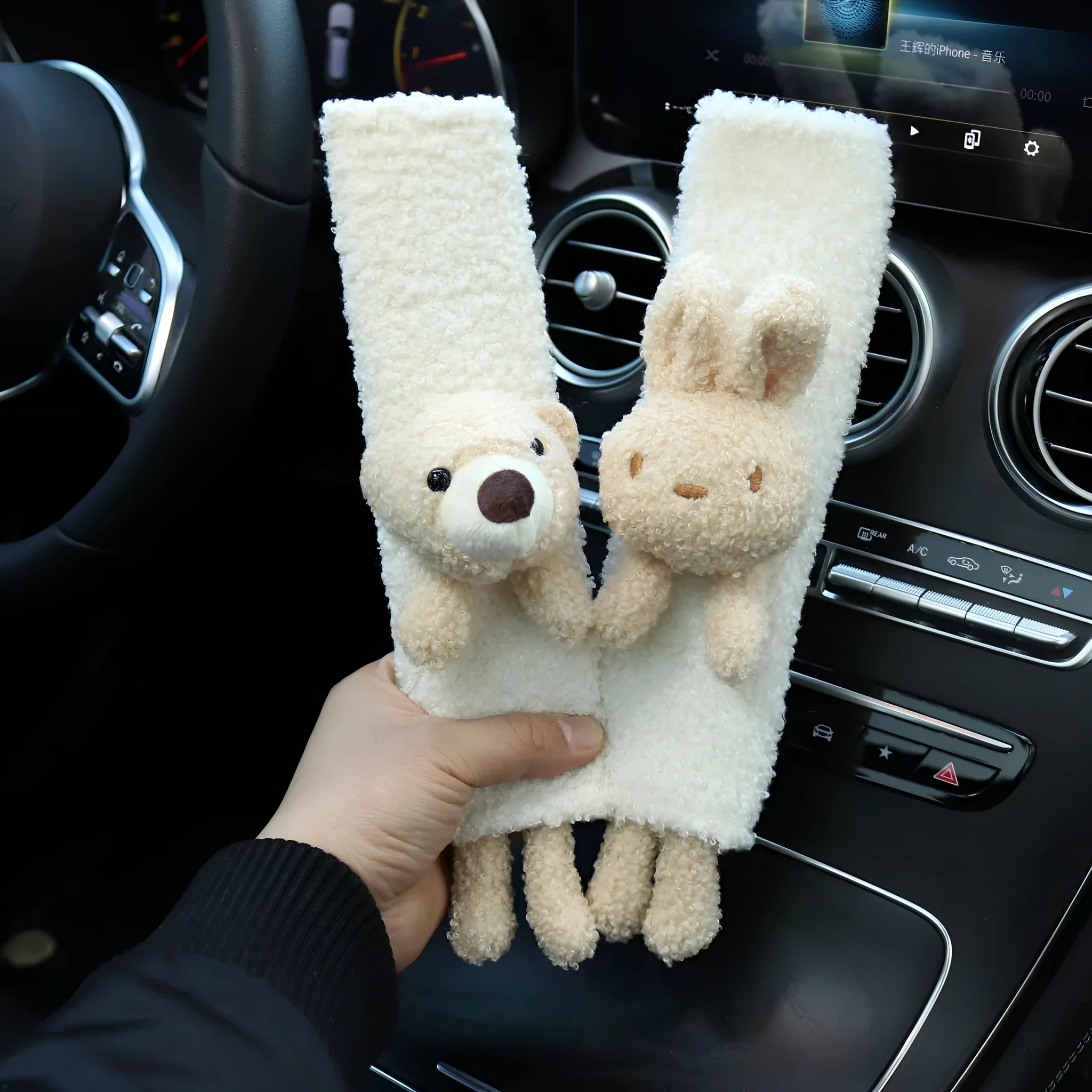 Cartoon plush car seat belt shoulder protector in lamb wool with rabbit and bear designs