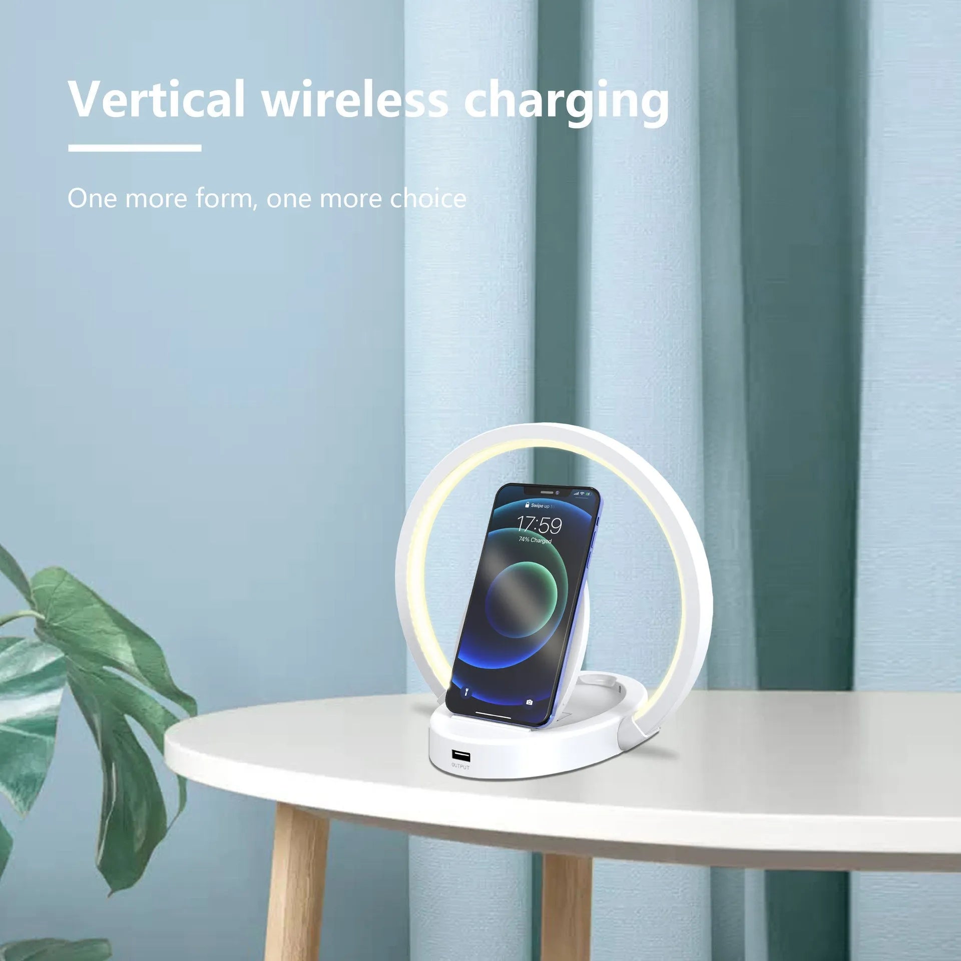 Wood grain wireless charging lamp with Bluetooth speaker, 10W charger, USB port, and phone holder on a desk