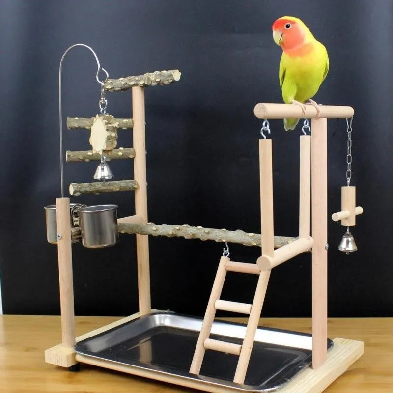 Natural Pepper Wood parrot toy bundle with two flat perching stands and a vertical climbing pole for cage.