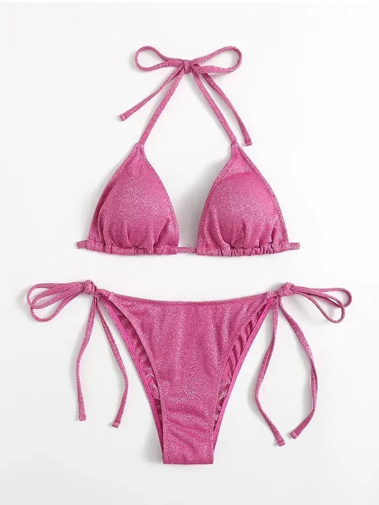Women's split bandage style bikini swimsuit in polyester, shown in multiple colour options.