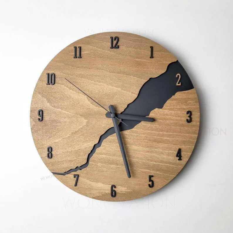 Modern wooden wall clock with crack effect design, 30 cm diameter, minimalist numerals