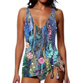 Women's printed triangle bikini swimsuit with matching shorts in spandex fabric for swimming activities