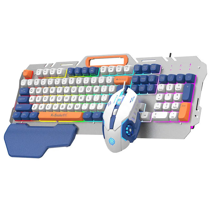 Blue and grey gaming keyboard and mouse set with colourful backlight illumination