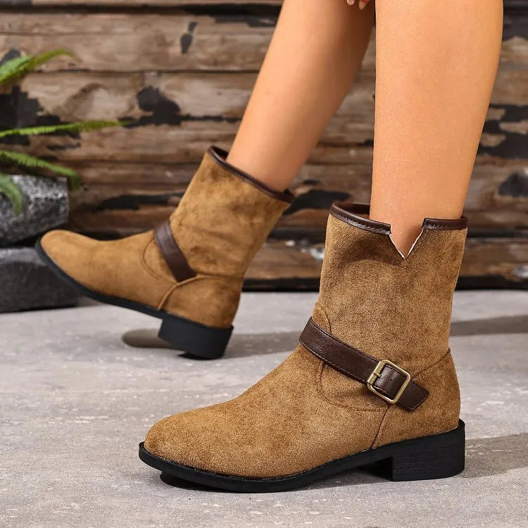 Casual women's Martin boots in khaki with metal buckle, slip-on style, low shaft, pointed toe, rubber sole