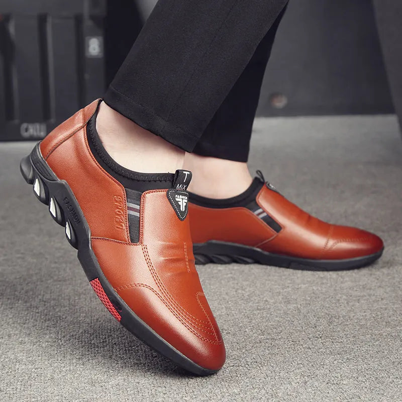 Men's leather shoes in black and brown colours with flat heel design and lace-up or slip-on styles