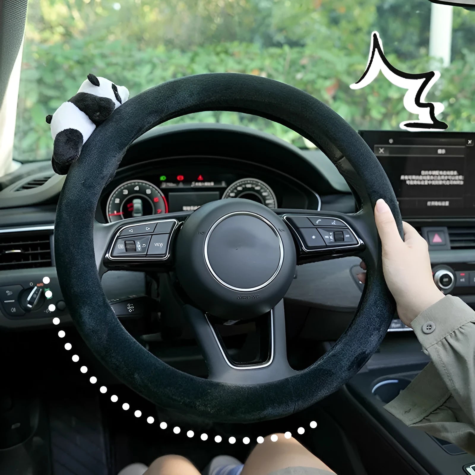 Plush black panda car steering wheel cover and matching shoulder pad set for 38cm diameter wheels