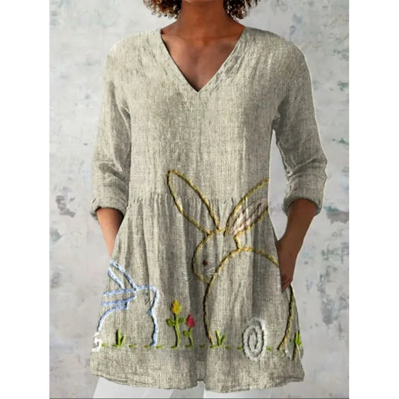 Women's printed loose wave dress with 3/4 sleeves and wide waist in colourful pattern