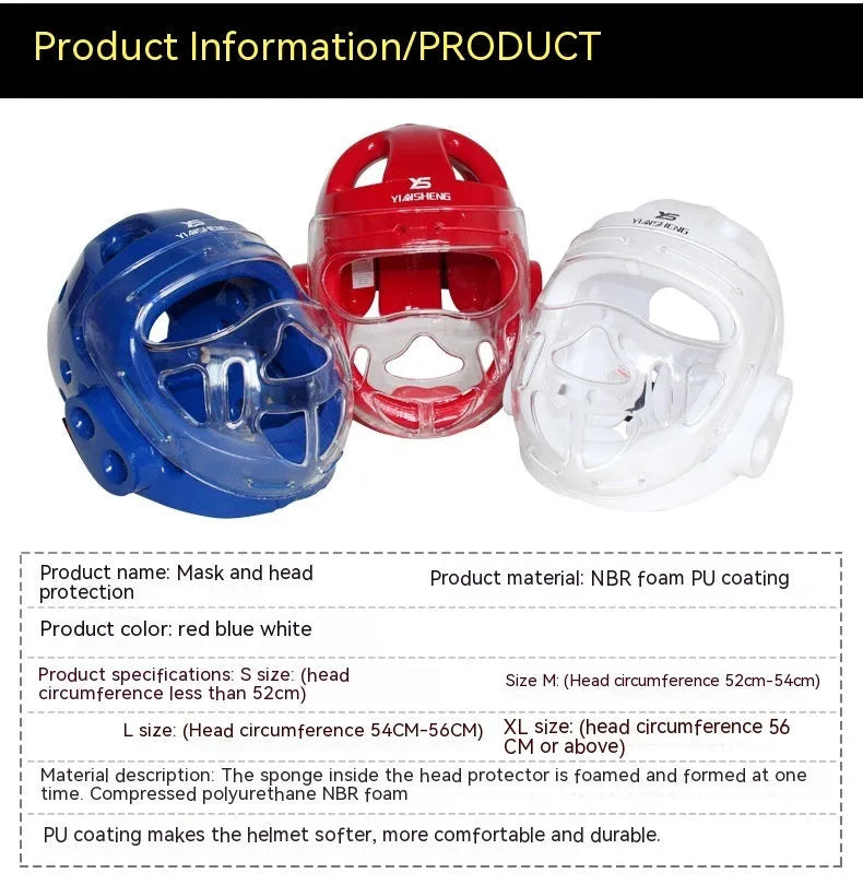Karate boxing helmet for head protection shown in white, blue, and red colour options.