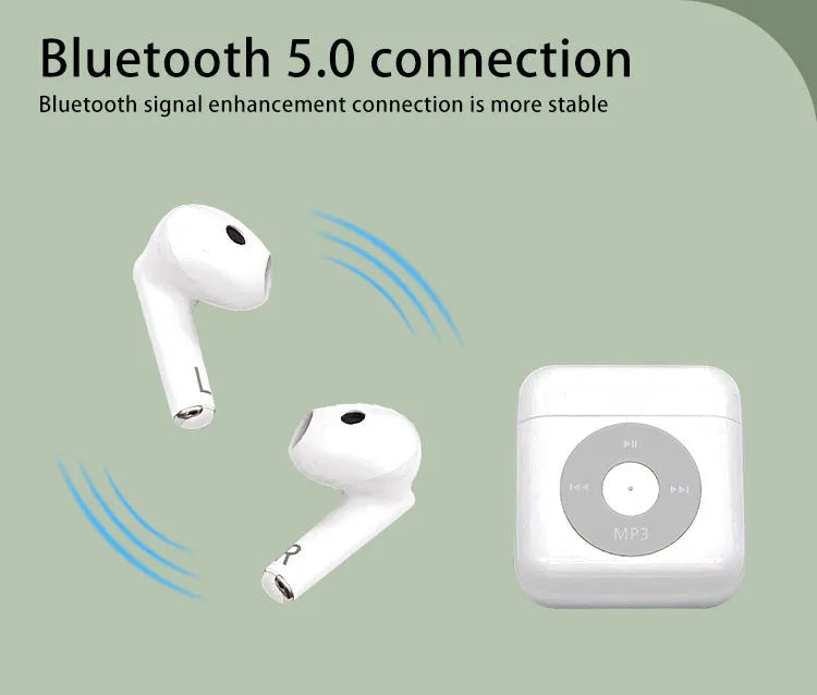 White wireless Bluetooth semi in-ear earphones with charging case on a solid background.
