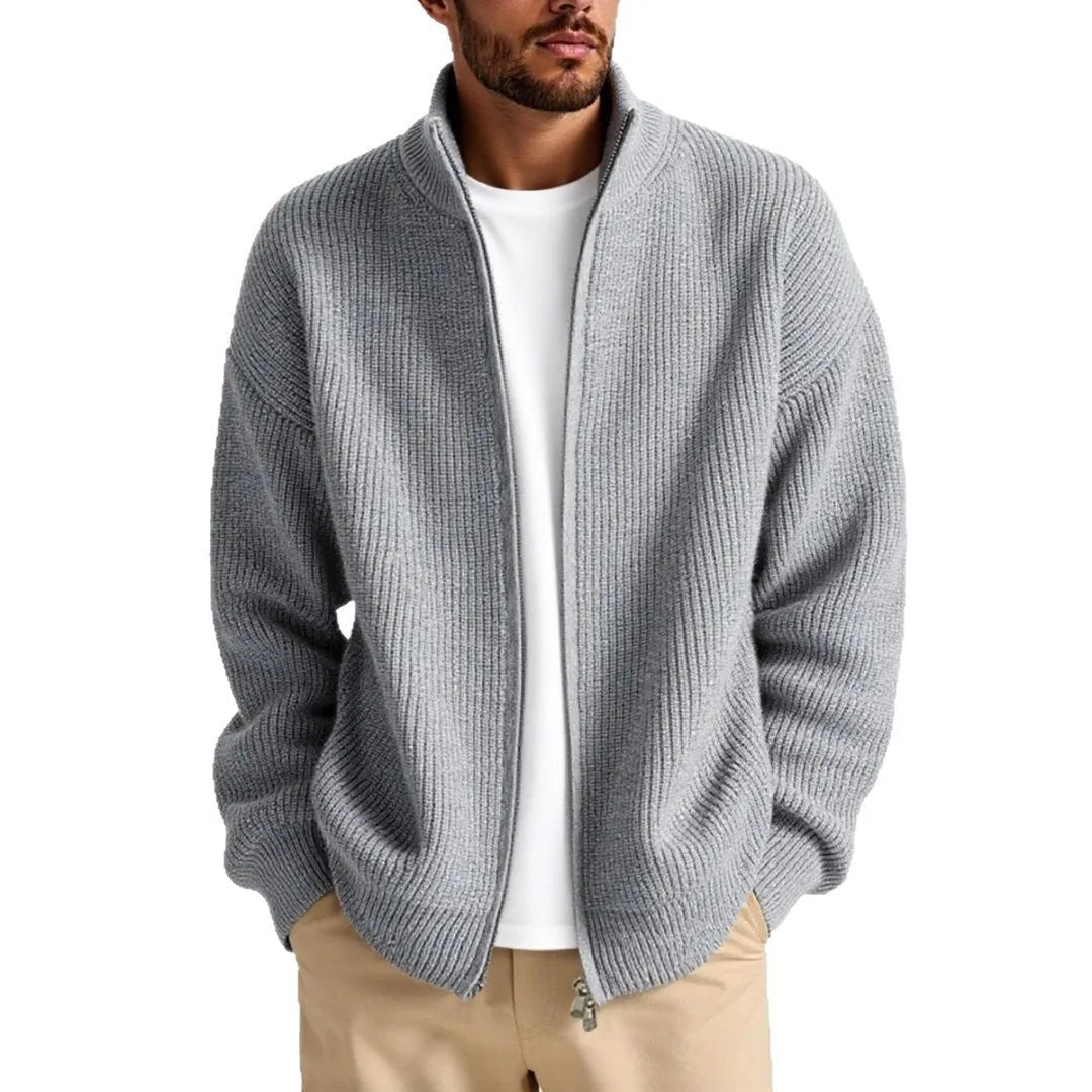 Men's loose V-neck cardigan sweater in grey colour showing casual fit