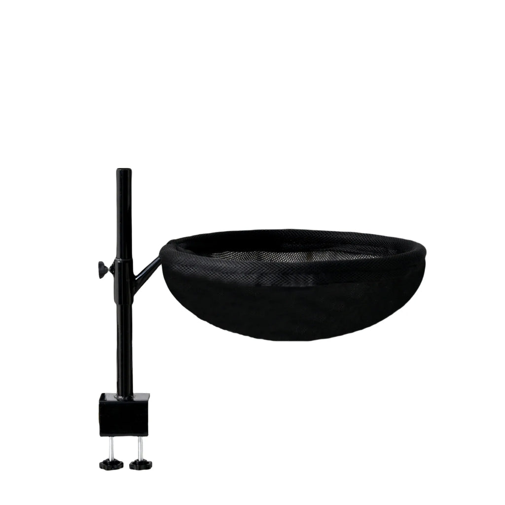 Desktop suspended cat bed with iron frame, black stand, black winter plush nest and summer breathable nest for cats