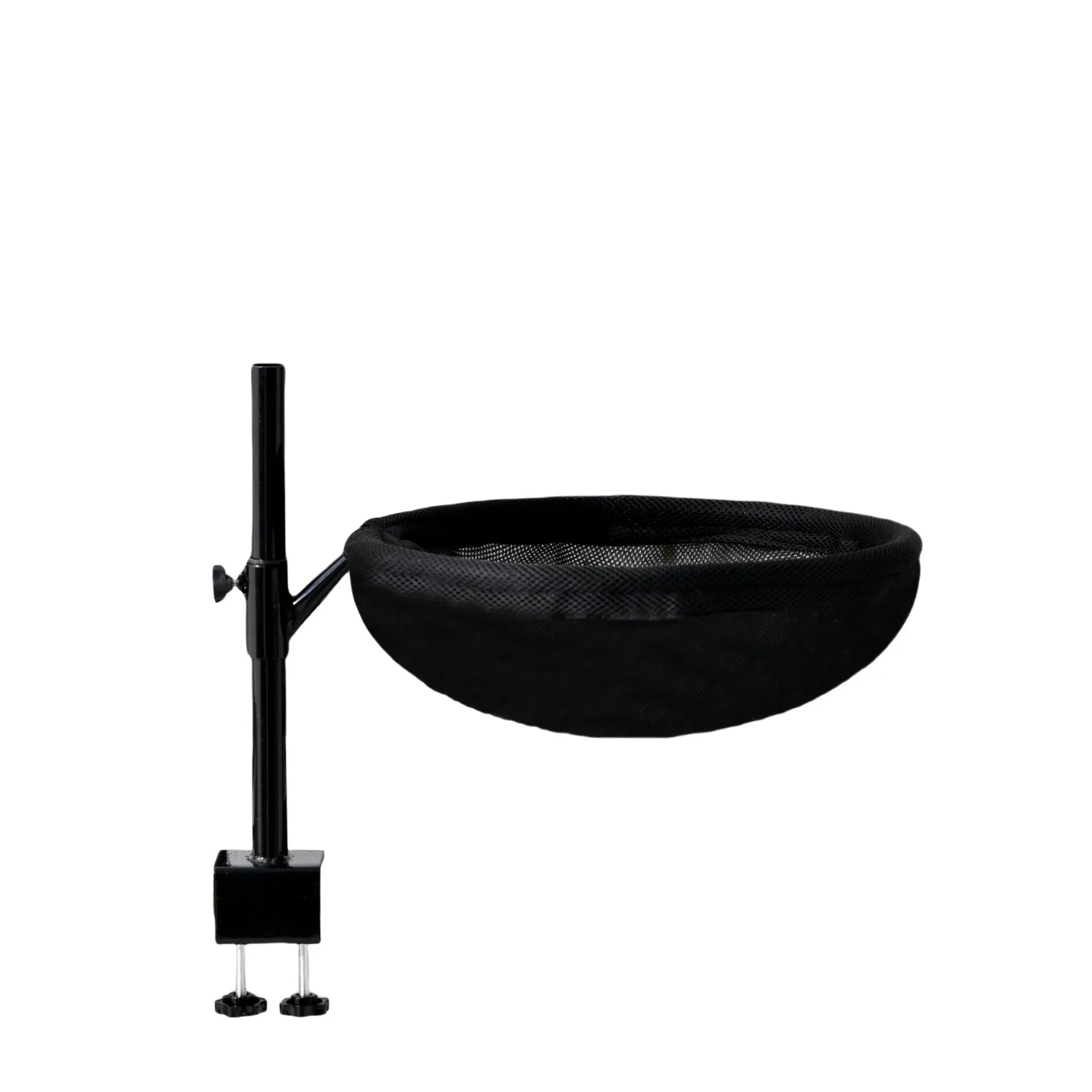 Desktop suspended cat bed with iron frame, black stand, black winter plush nest and summer breathable nest for cats