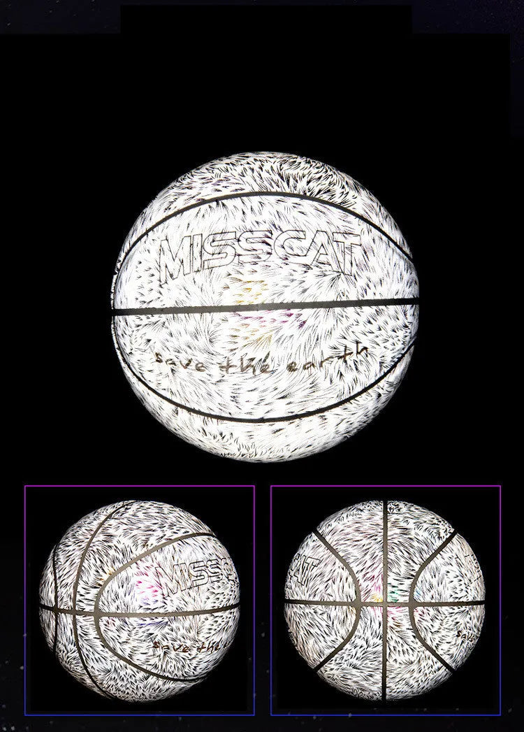 Glowing luminous fluorescent basketball with reflective effect for night games, white and colourful design