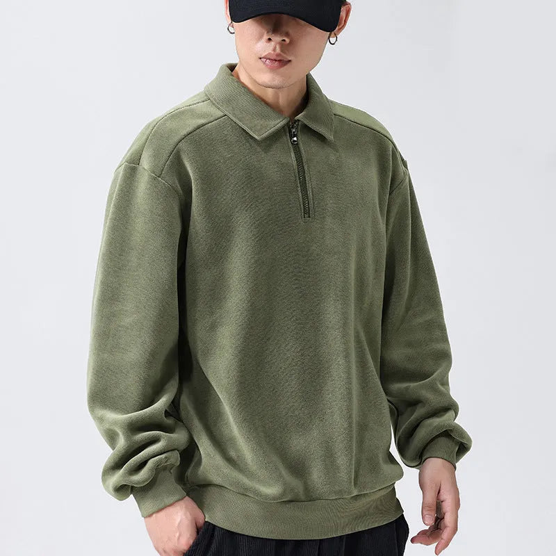 Men's fleece half-zip lapel hoodie in black, long sleeves, polyester cotton blend, winter warm top