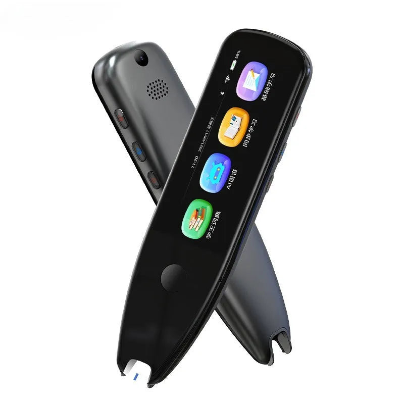 X5PRO Smart Translation Pen with 35-inch screen, ABS body, metal button, black colour, side view showing scan tip and screen