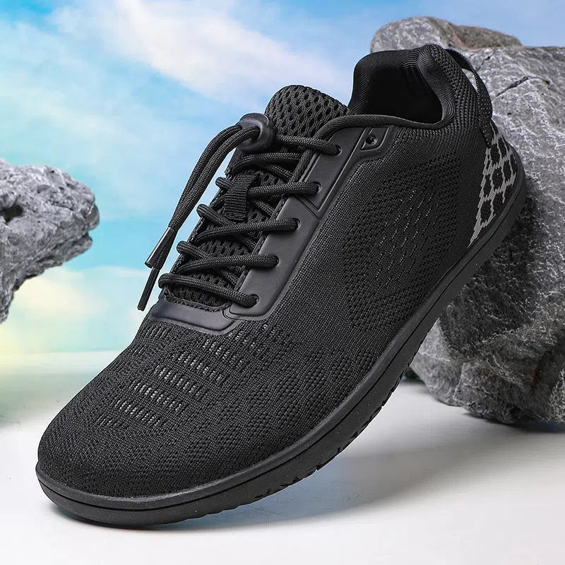 Extra wide barefoot shoes for couples with wide toe box, non-slip rubber outsole, and fly woven cotton upper in beige