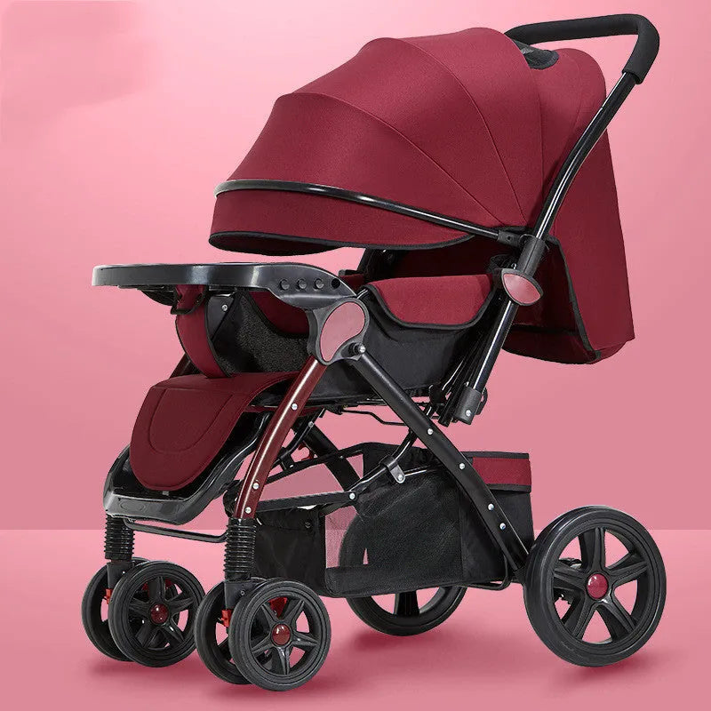 Lightweight folding reversible baby stroller with four-wheel shock absorption in multiple colour options