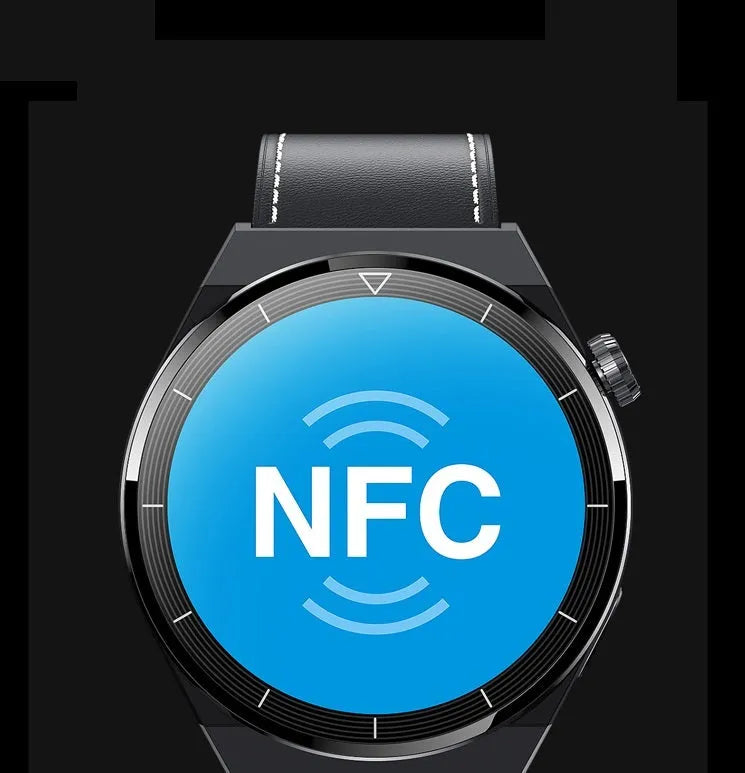 Round black smart watch with silicone strap displaying a home screen on its colour display.