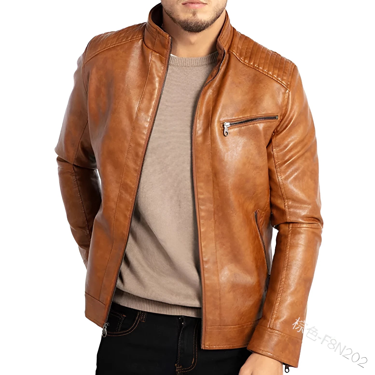 Men's artificial leather punk motorcycle jacket with stand collar in army green colour
