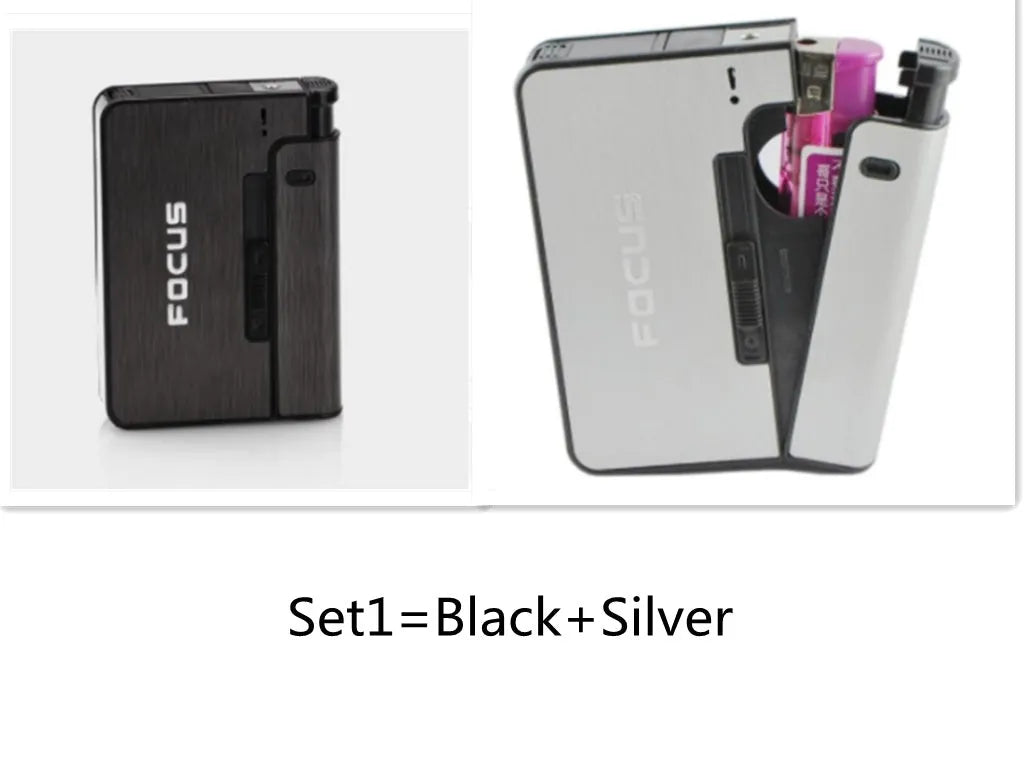 Two aluminium alloy automatic cigarette cases with brushed metal finish, one-button discharge, and removable lighter core on a dark background