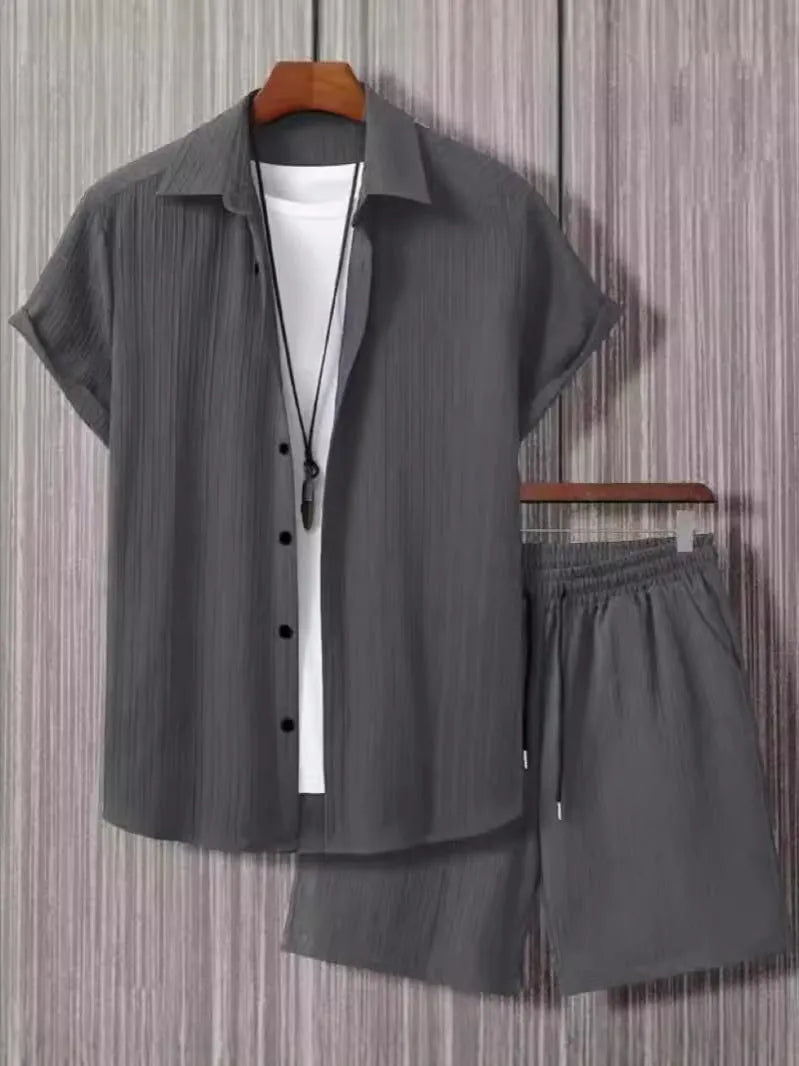 Men's black and white suit shorts set with short sleeve shirt and matching shorts