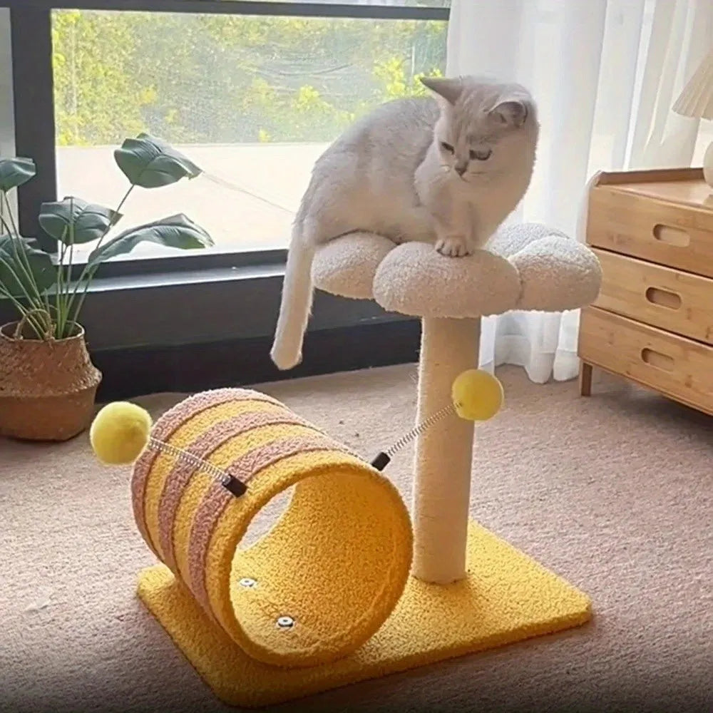 Yellow sisal cat scratching board with climbing frame and integrated tunnel, measuring 46cm by 36cm by 25cm