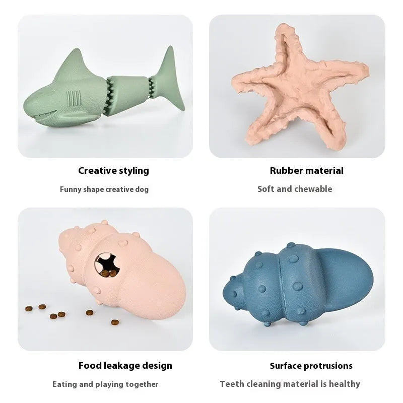 Deep sea shark rubber dog toy with raised fins in conch blue, green, starfish blue or green colours