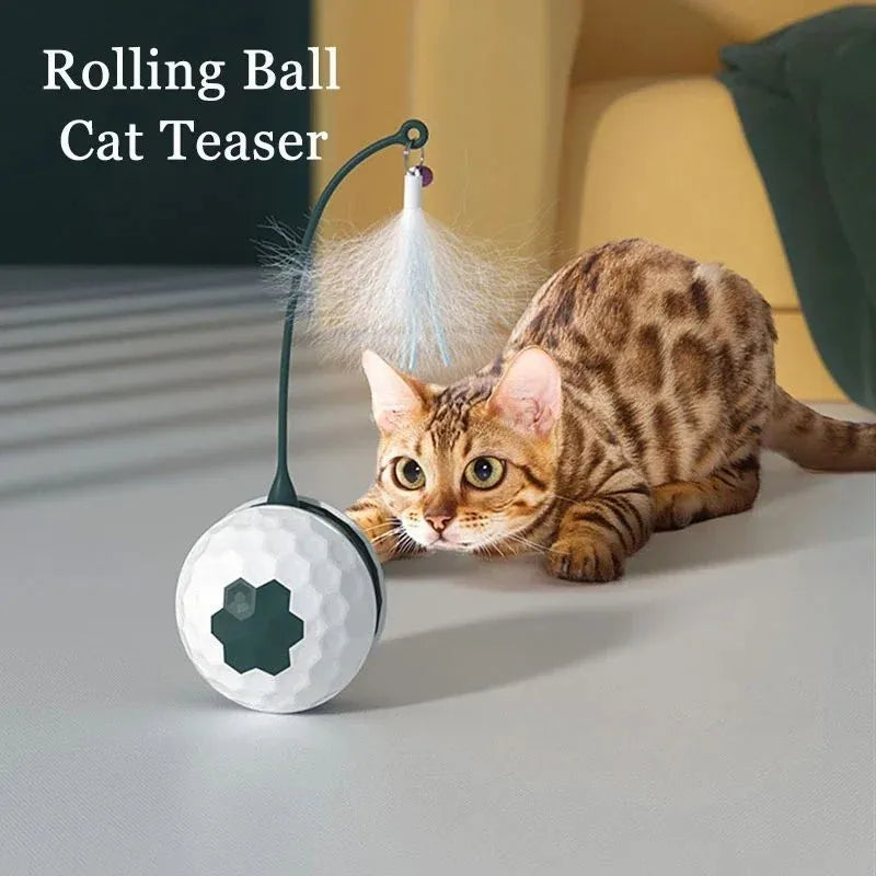 USB rechargeable tumbler cat teaser toy with feather accessory, red or white, 71.5mm x 209mm