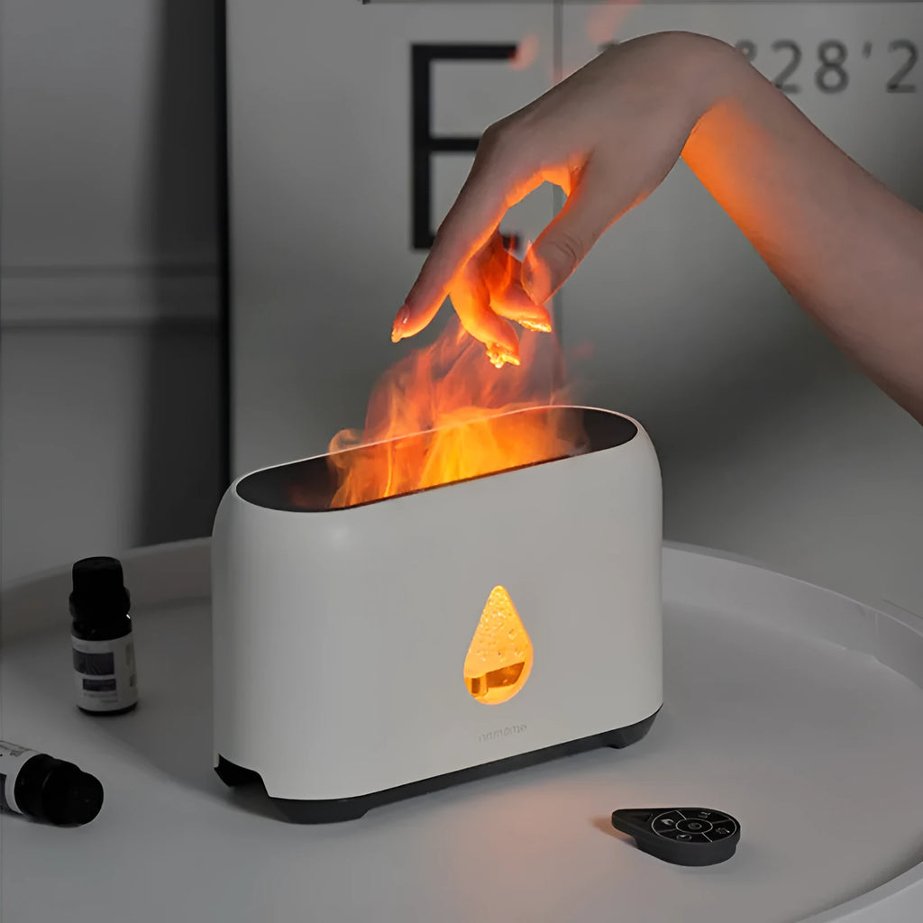 Mini remote control flame diffuser air humidifier, round plastic USB humidifier with one fog outlet, shown in white, pink, green, or grey