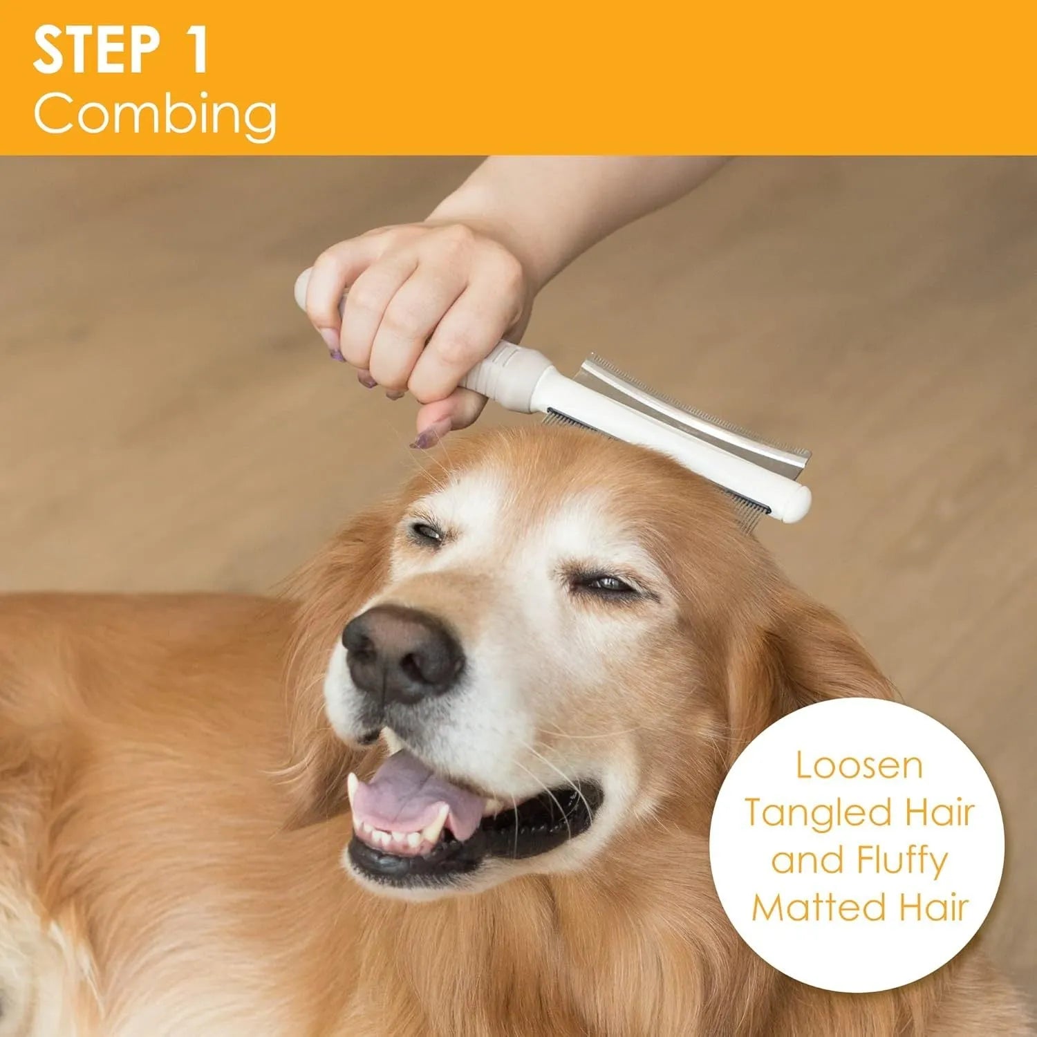 White double-sided dog and cat brush with ergonomic handle showing comb and deshedding sides