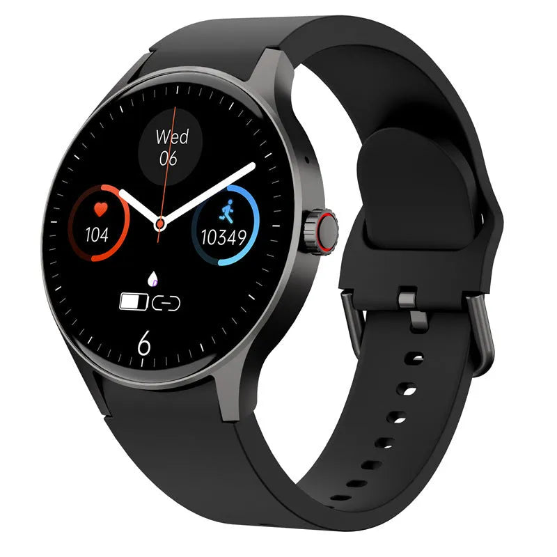 Black Bluetooth smart sport watch with round touch screen on a wrist, showing IP68 waterproof rating and magnetic charger.