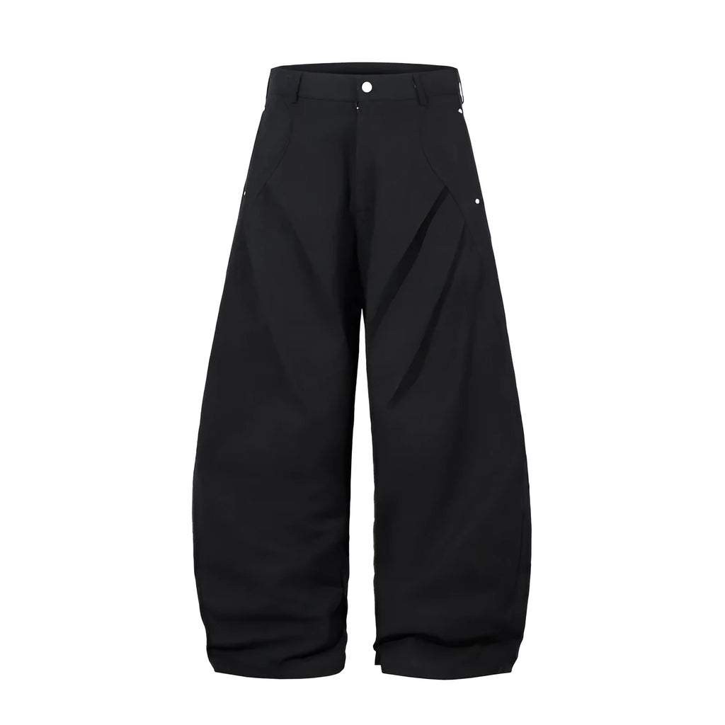 Men's black pleated casual trousers with wide-leg loose-fitting design in cotton fabric