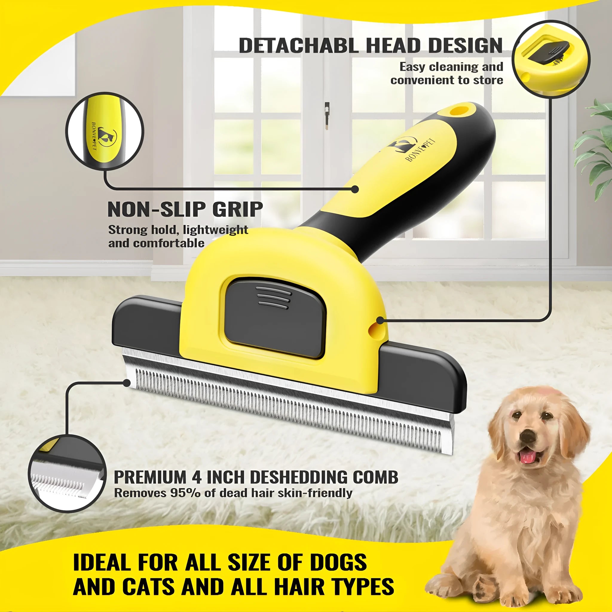 Blue and yellow dog grooming comb with stainless steel pins for hair removal and knot untying