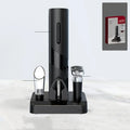 Red electric wine bottle opener set with ABS plastic base, decanter, and vacuum stopper