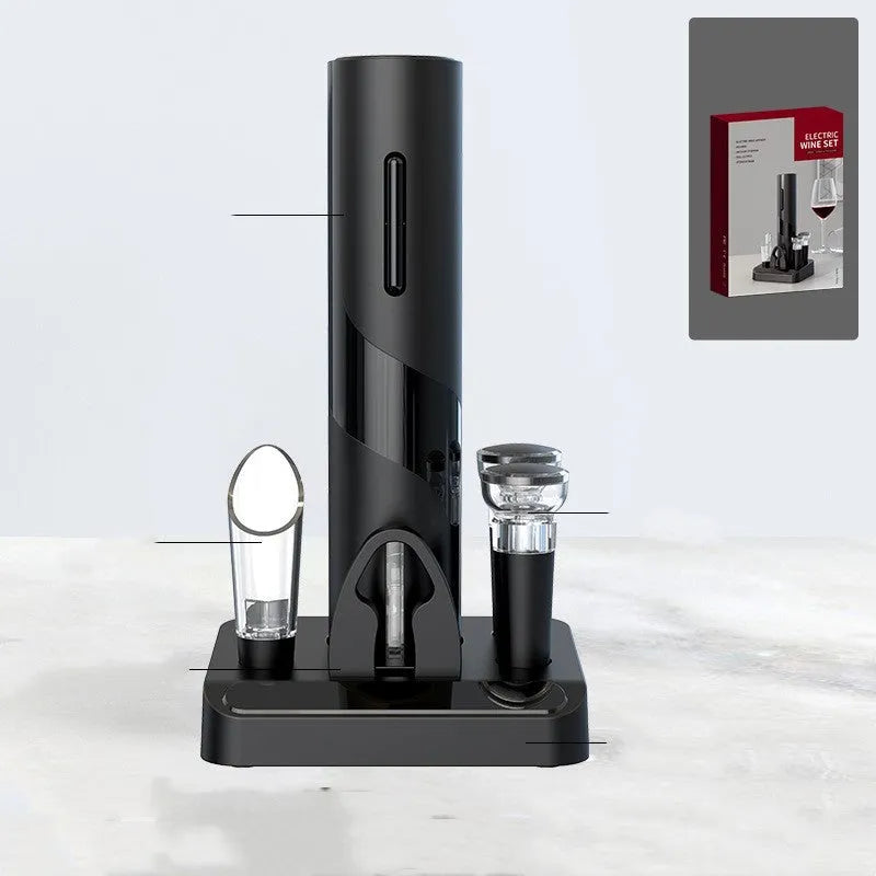 Red electric wine bottle opener set with ABS plastic base, decanter, and vacuum stopper