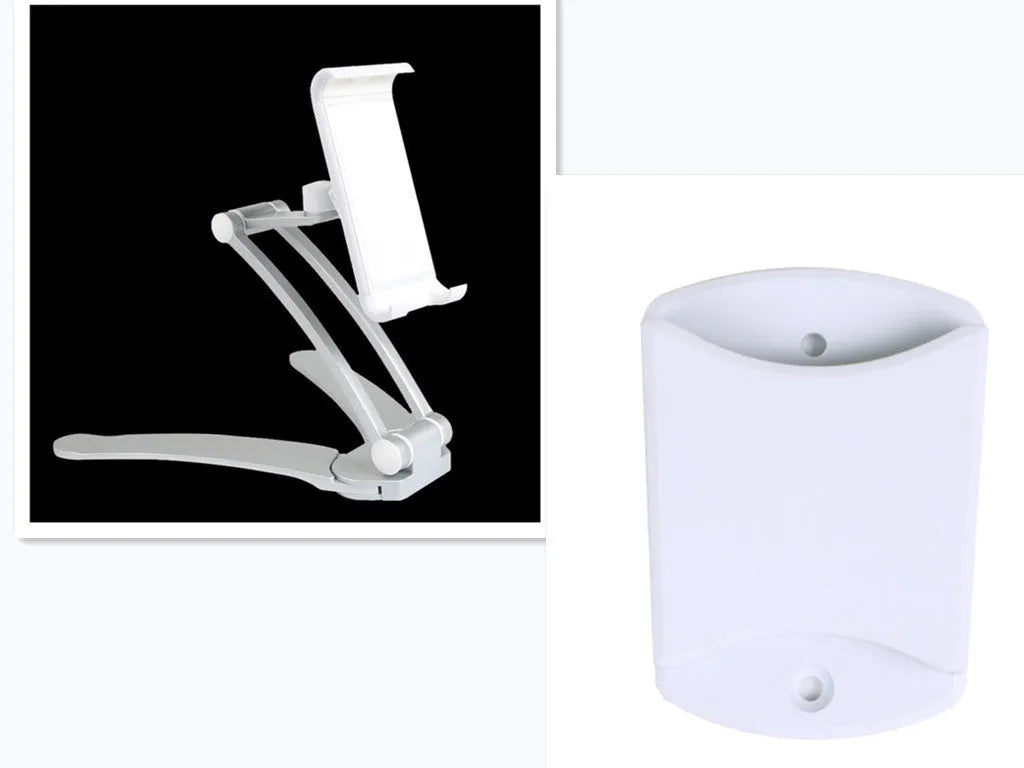 Silver aluminum alloy desktop tablet stand with white mount holding a tablet at an angle