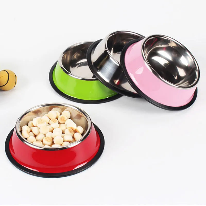 Stainless steel and melamine pet feeding bowl with non-slip base in multiple colour options